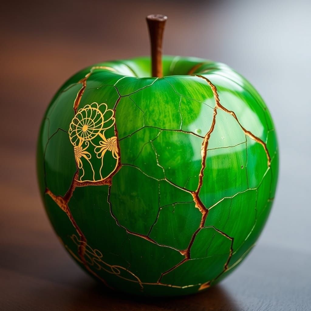Emerald Apple Repaired with Gold Kintsugi Filigree