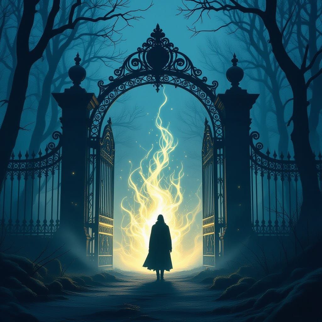 Mysterious Gate in Gloomy Forest with Ethereal Glow