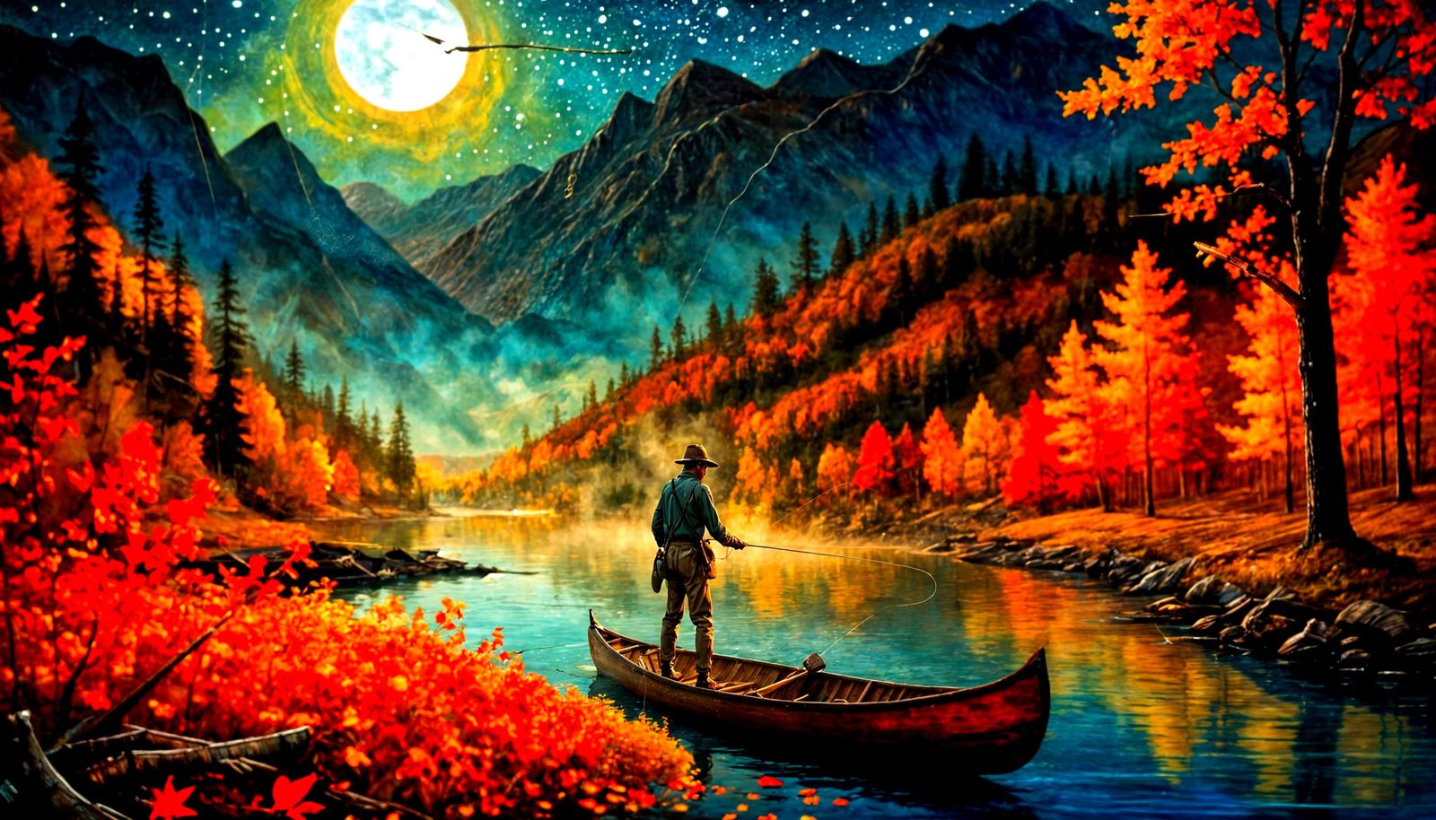 Fly Fisherman Casting Line in Misty Lake