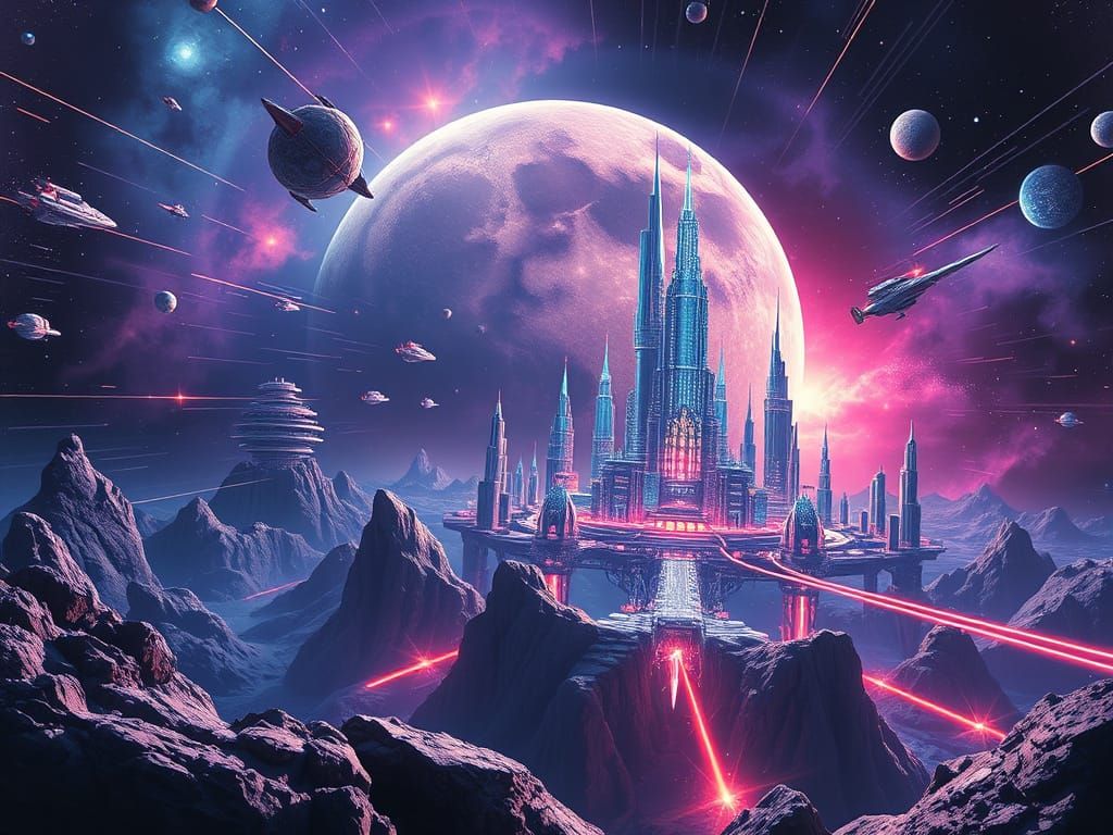 Retro Futuristic Moon City Shines Amidst Quantum Portal Nebu...