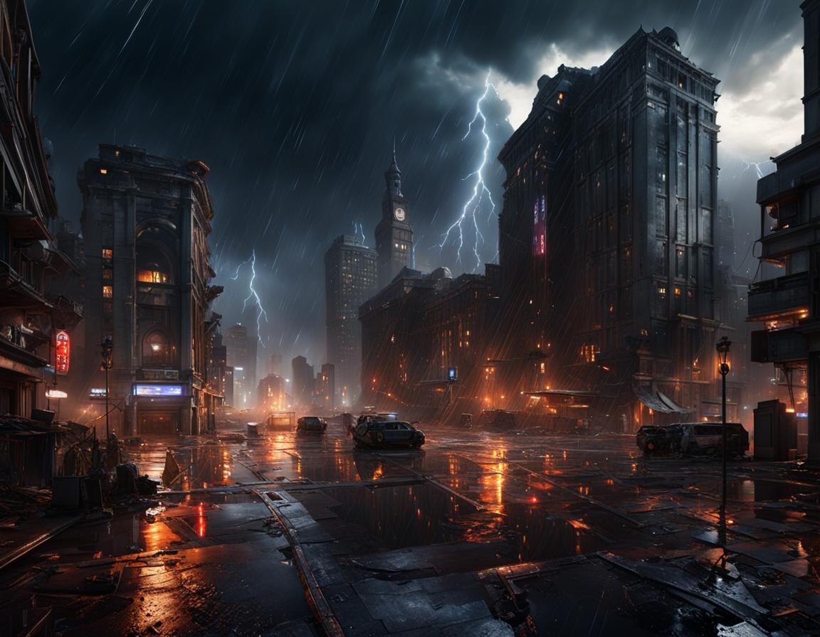 Stormy Night Cityscape in Detailed Matte Painting Style