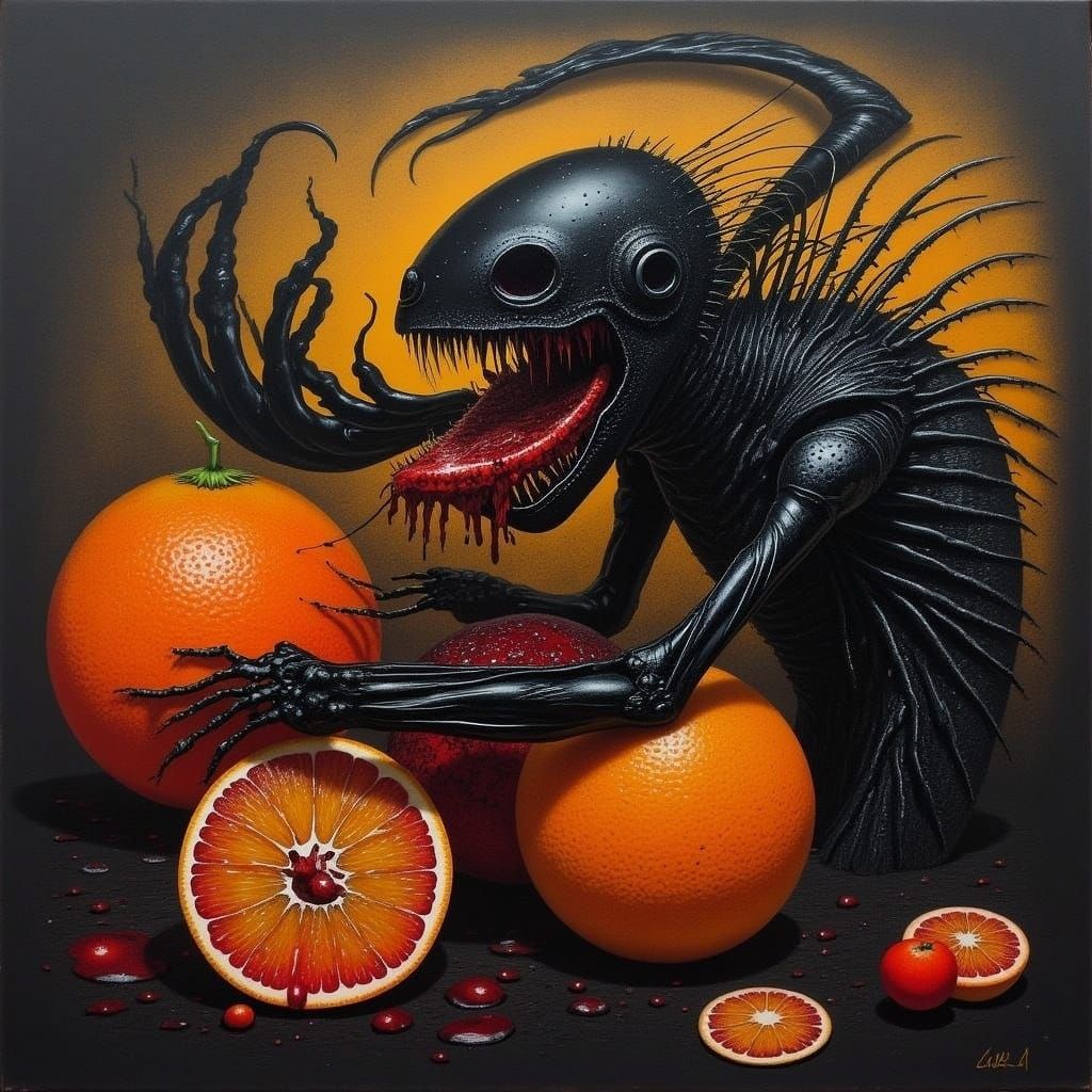 BIO-Mechanical Alien Consumes a Segment of Blood Orange in A...