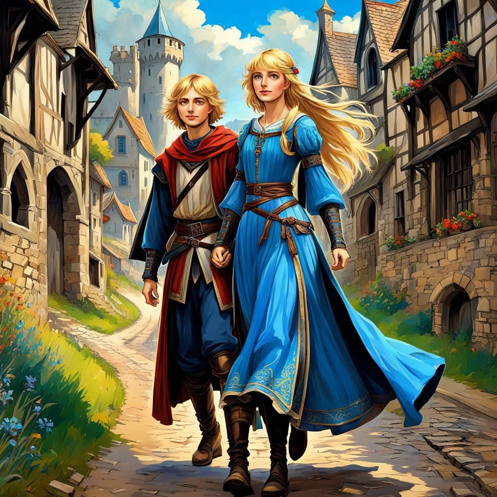 Medieval Blond Siblings on Road in Anime Style