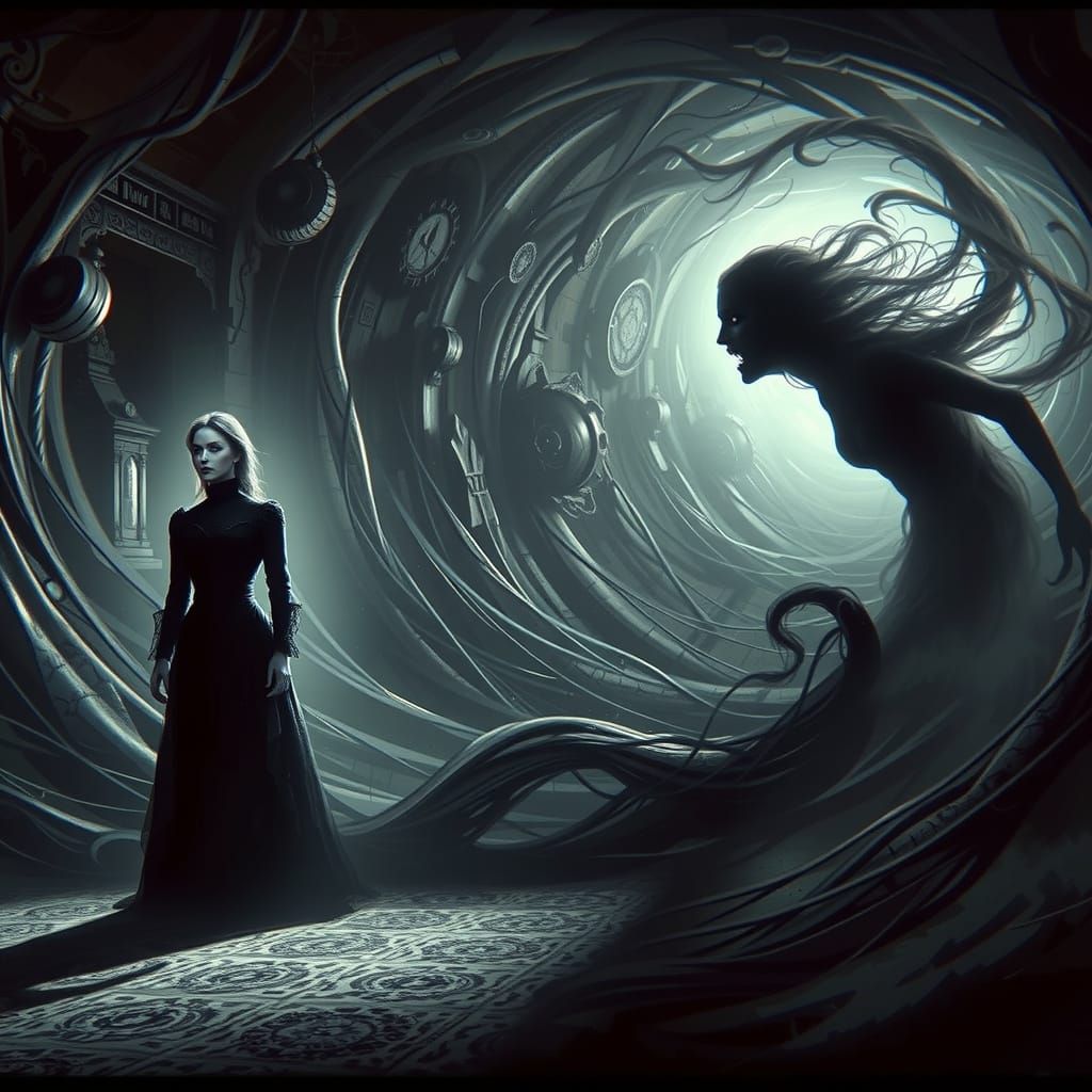 Victorian Woman and Shadow Wraith in Dramatic Lighting