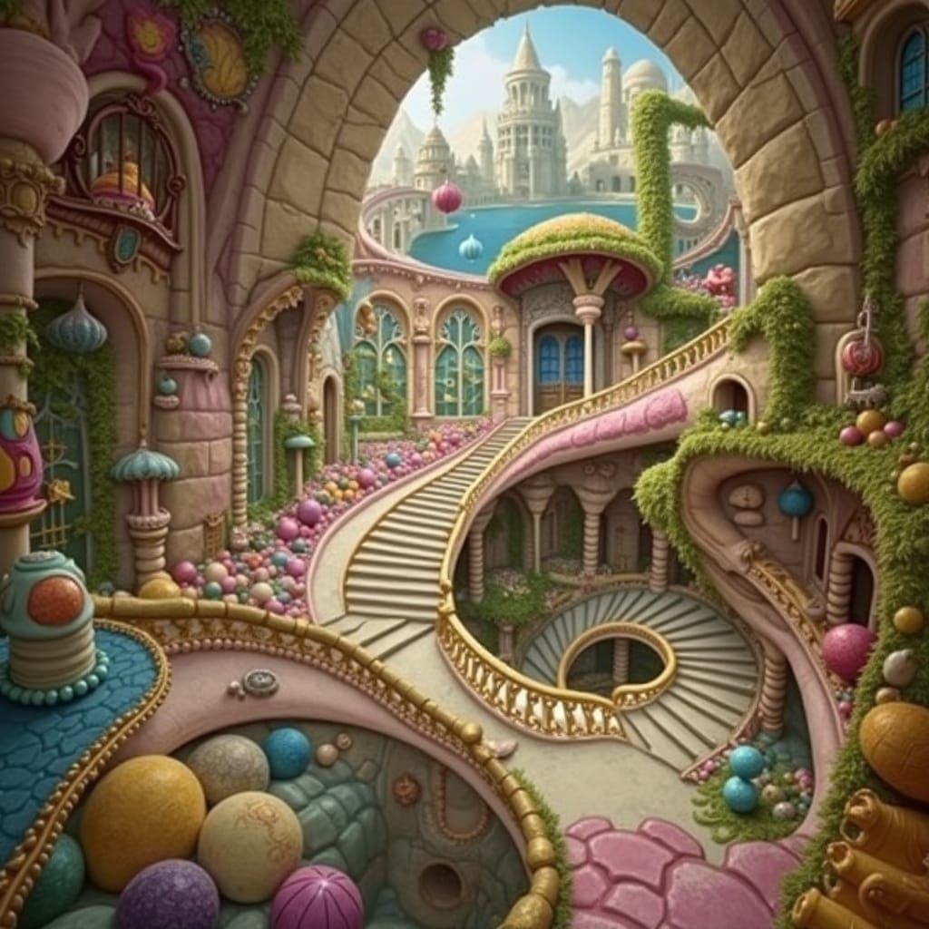 Whimsical Candyland Castle with Marble Staircase in Vibrant ...
