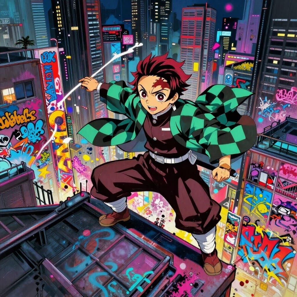 Tanjiro Navigates Cyberpunk City Rooftops in Vibrant Splash ...