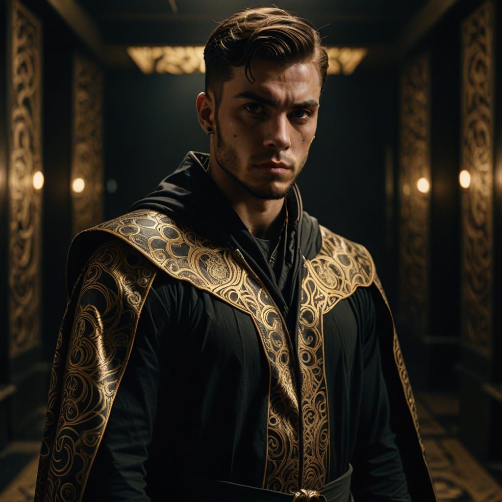 Superhero with Tattoos in Gold Robe: Cinematic Film Still