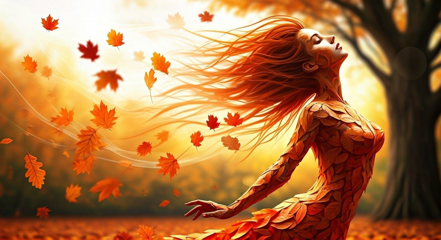 Autumn Leaves Form Dancing Woman in Wind