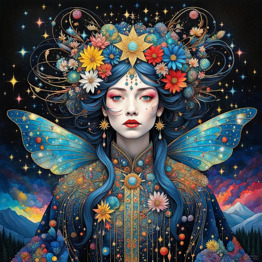 Magical Fairy Queen in Starry Night Abstract Expressionism