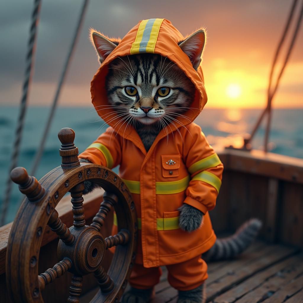 Tabby Cat Captain in Orange Rain Slicker