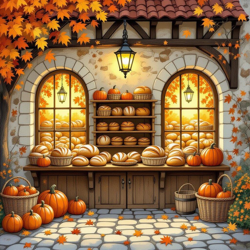Secret Autumn Bakery Cafe With Golden Leaves