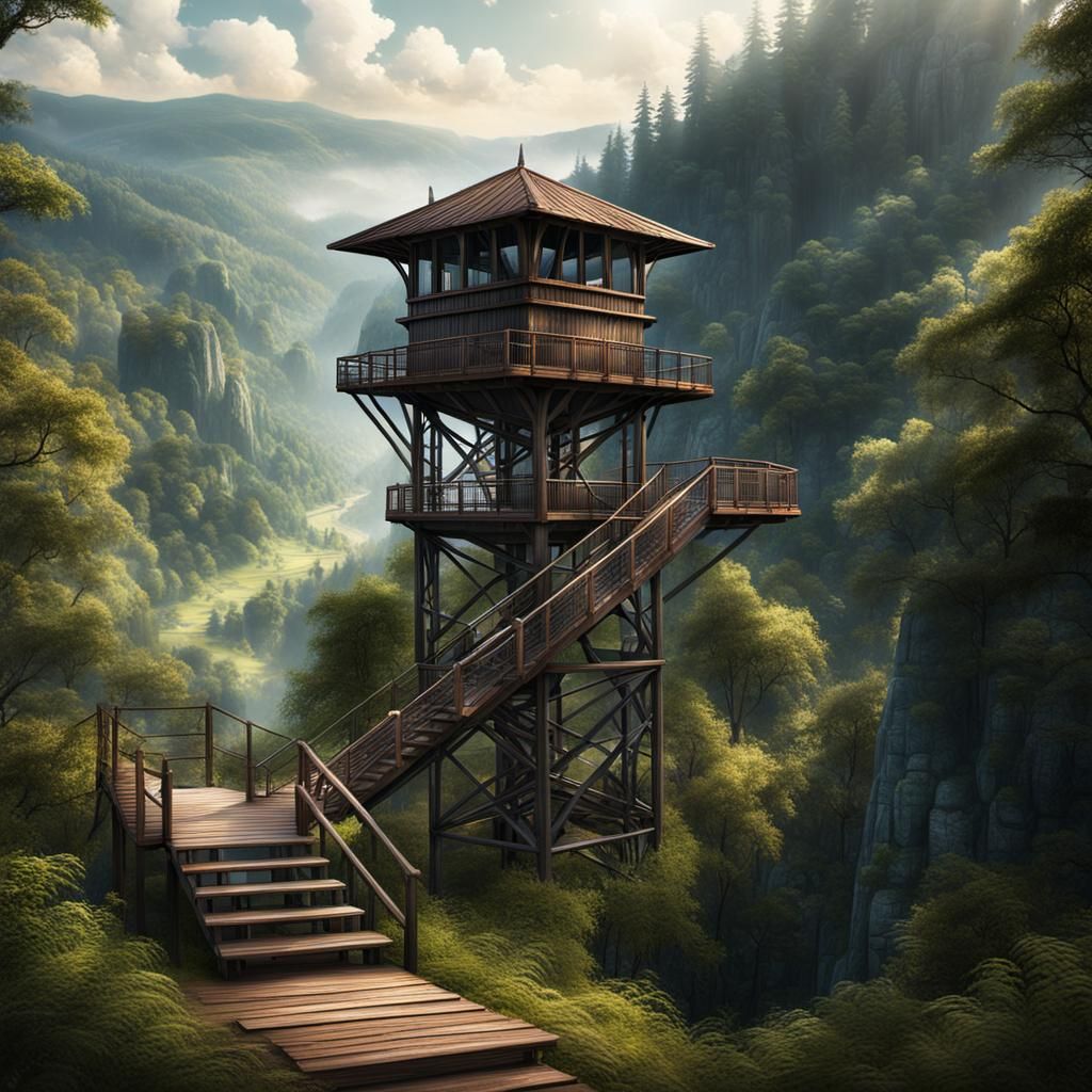 Wood and Metal Lookout Tower Overlooking Valley