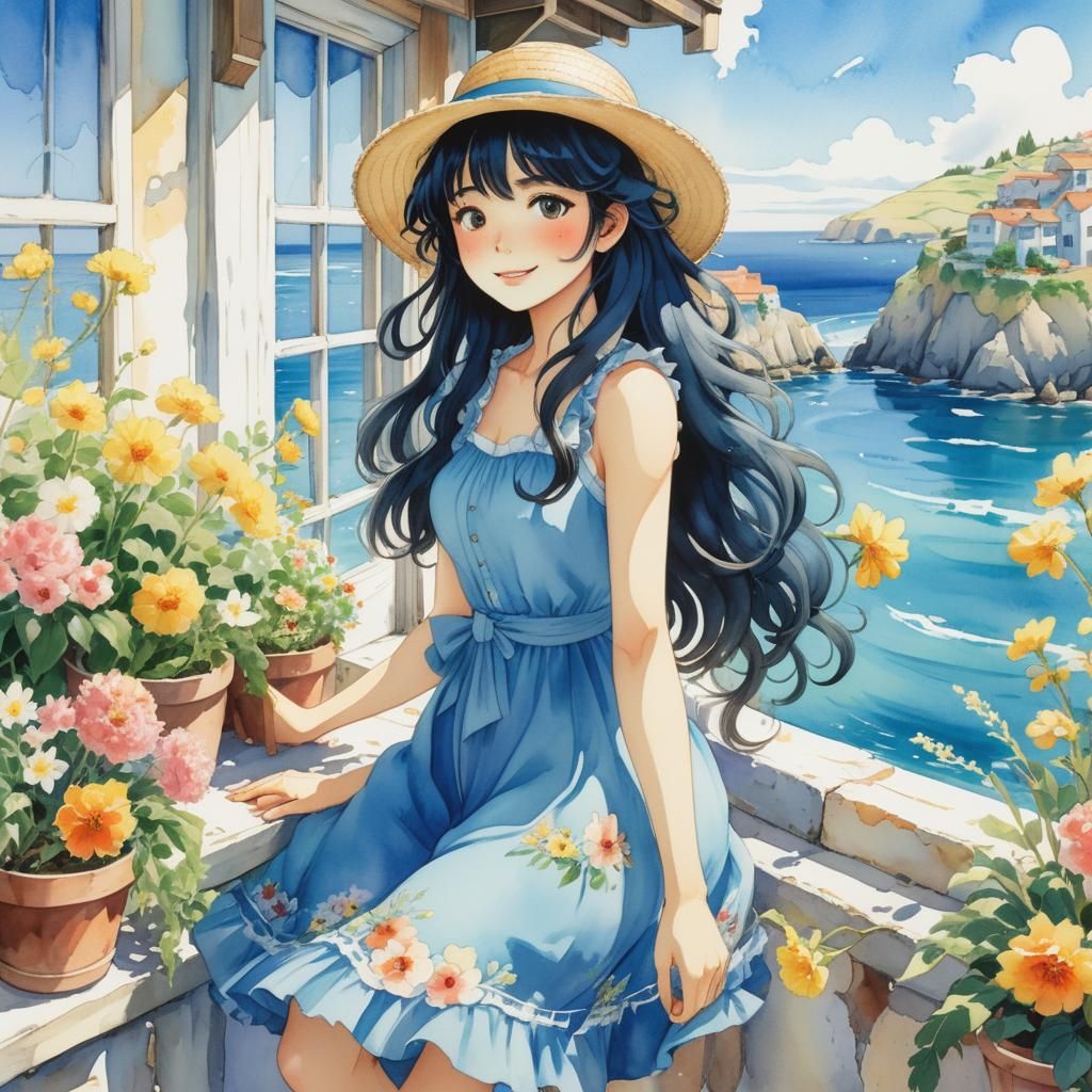 Anime Girl on Coastal Street in Watercolor Style