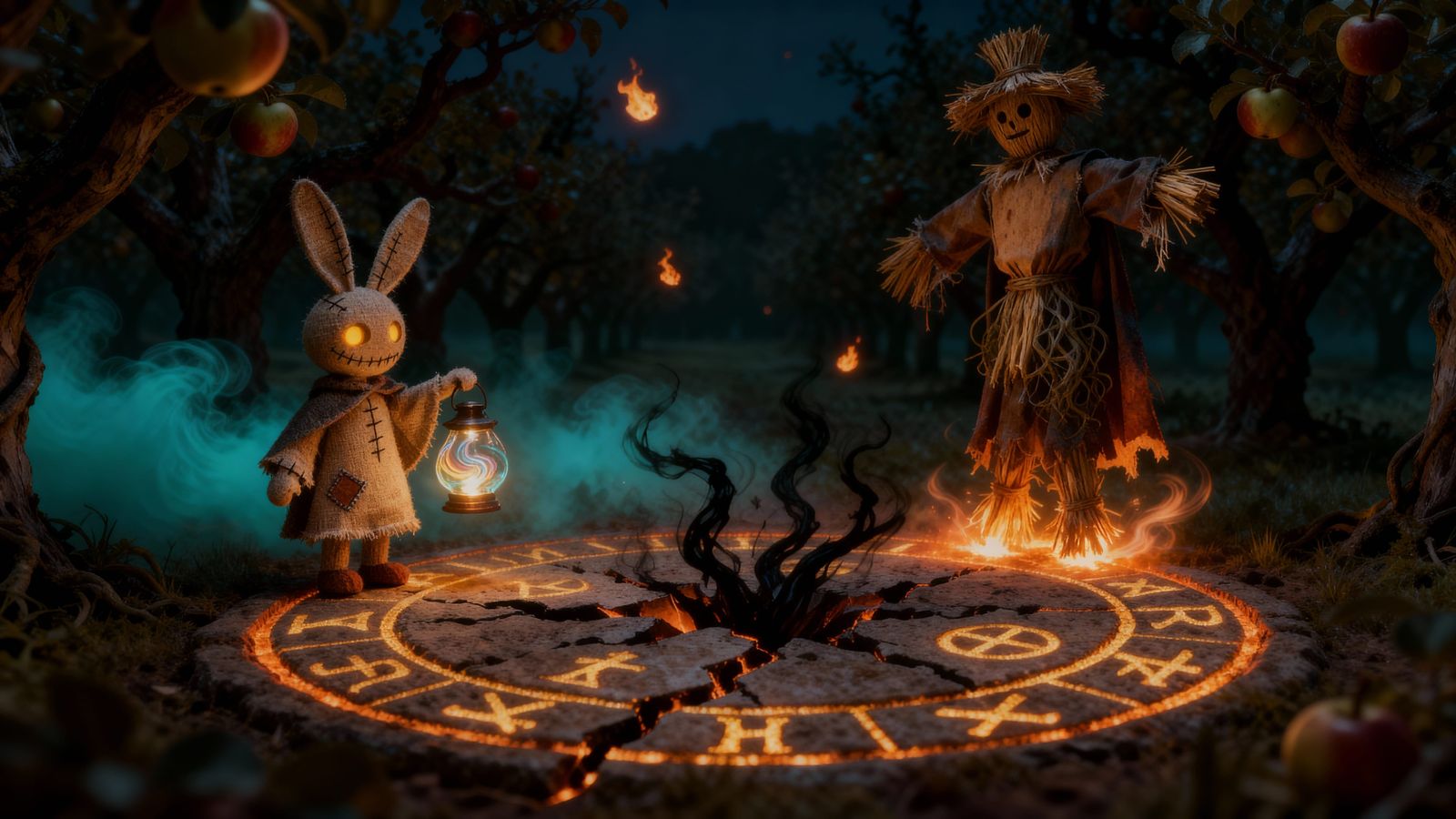 Haunted Orchard Night Scene with Guardian Lantern Keeper