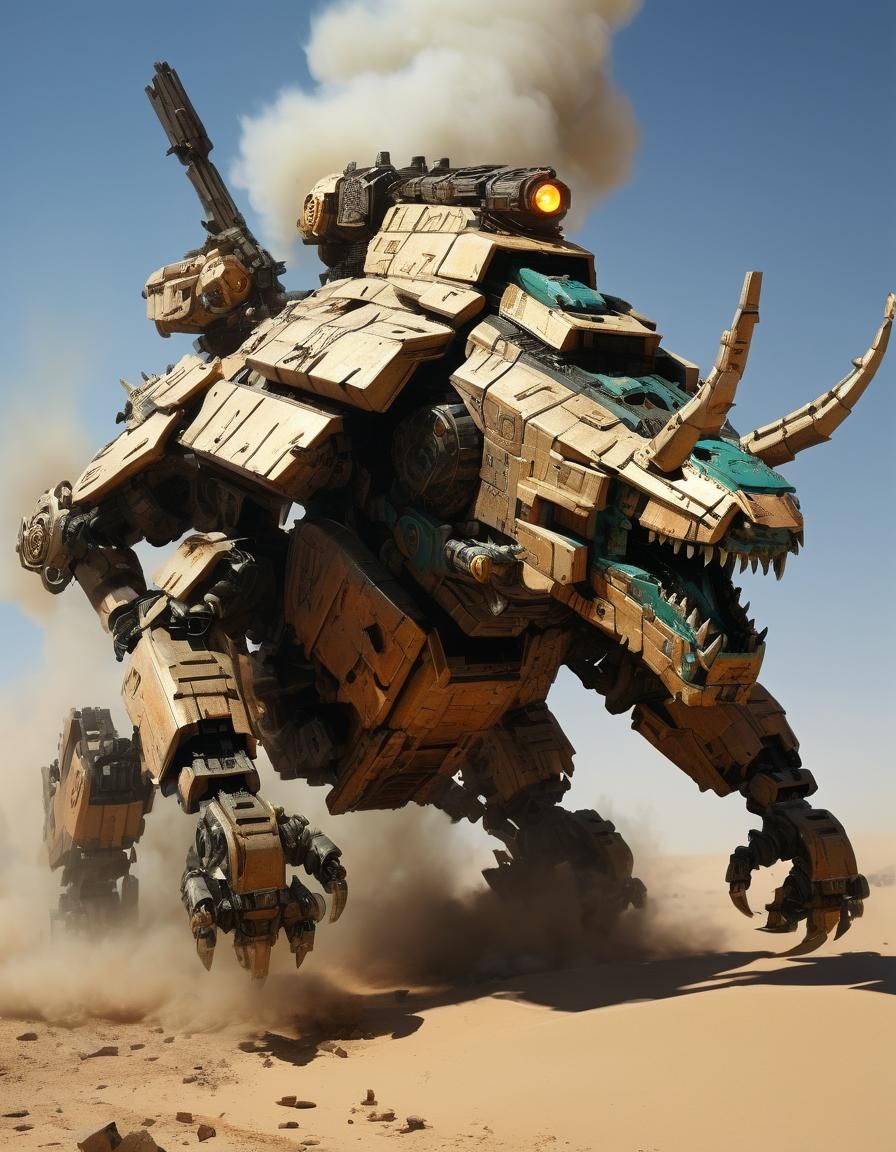 Mechanical Zoid Battle in a Futuristic Desert
