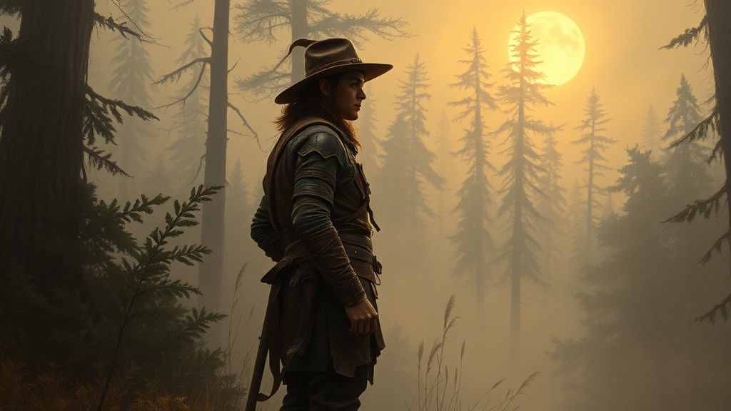 Adventurer in Misty Forest: An Oil Painting