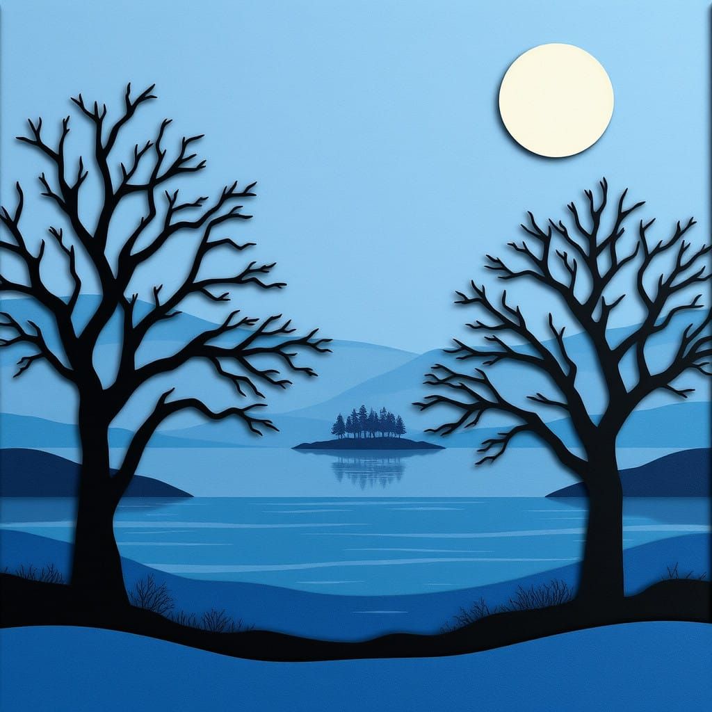 Stylized Serene Landscape with Layered Paper-Cutout Techniqu...