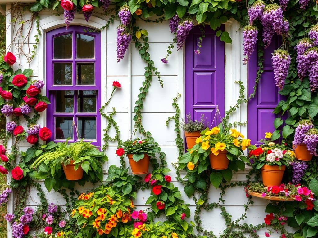 Elegant Charming White House with Vibrant Purple Windows