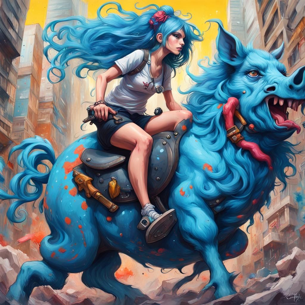 Voluptuous Woman on Griffin in Graffiti Splash Art