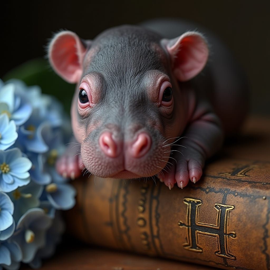 Tiny Hippo Adorns Vintage Book with Hydrangeas