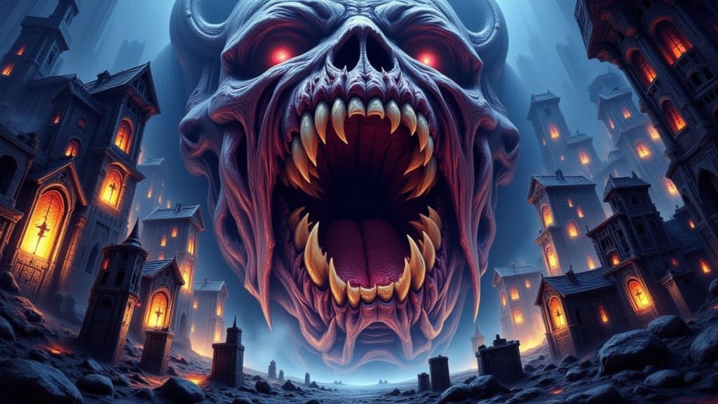 Colossal Maw Devours Village in Dynamic Fantasy Art Style