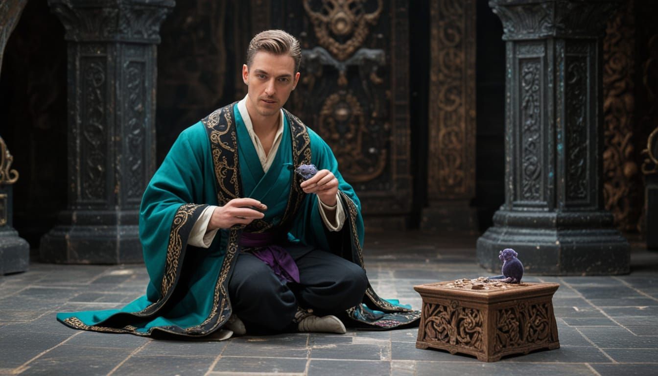 Dark Warlock Contemplates Tiny Magical Creature in Ancient L...