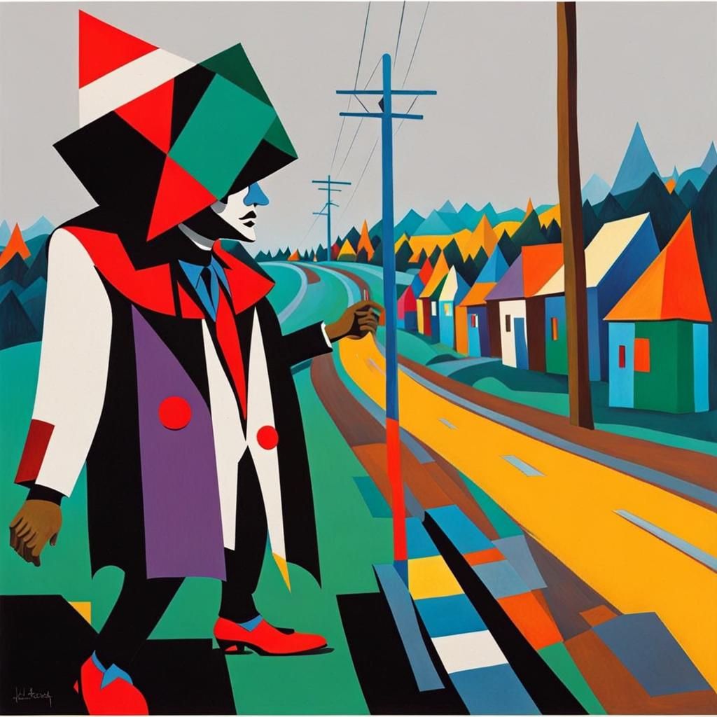 Sad Clown Hitchhiking: A Cubist Acrylic Art Piece