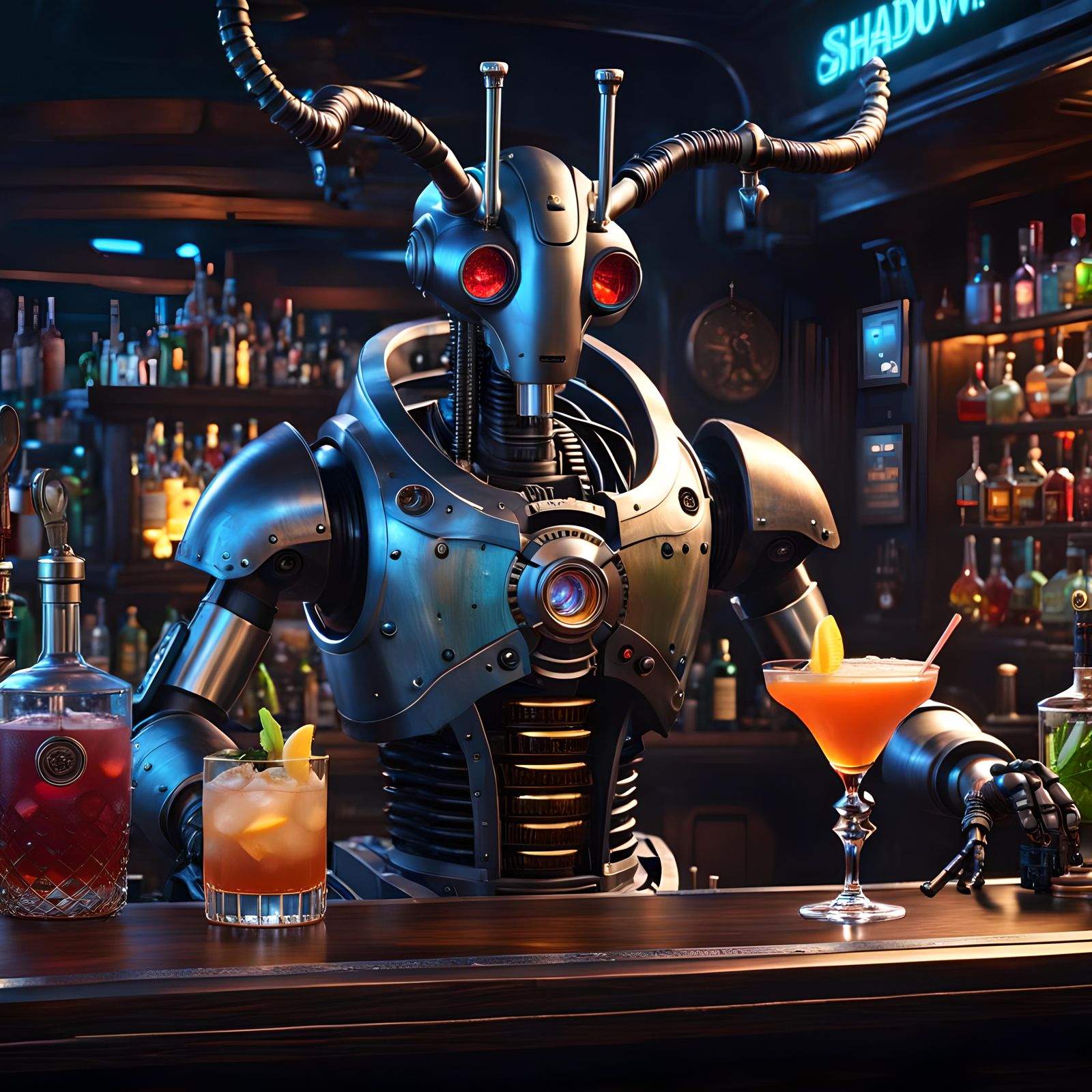 Biomechanical Bartender in Celestialpunk Post-Apocalyptic Ba...