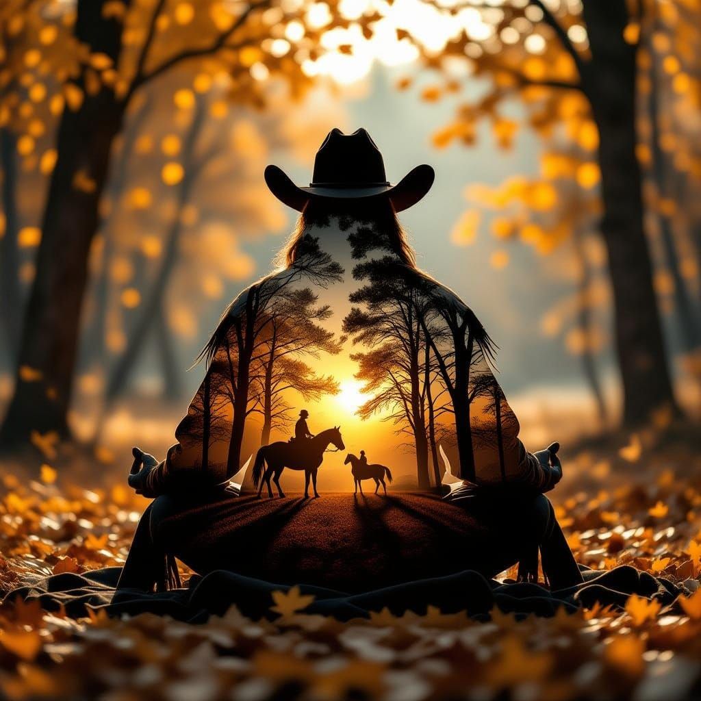 Cowboy Meditation Silhouette with Autumn Forest Inside
