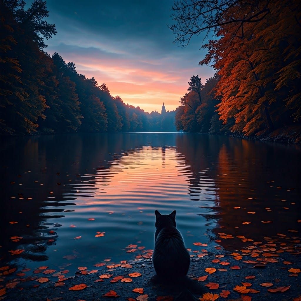 Ethereal Autumn Night Scene with Silhouetted Trees and Glowi...