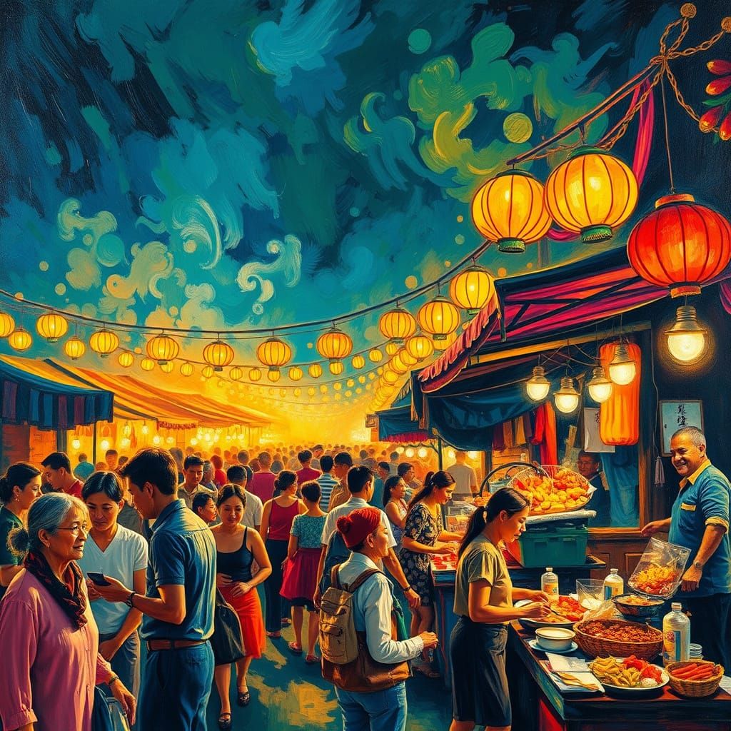 Vibrant Night Market in Warm Golden Light