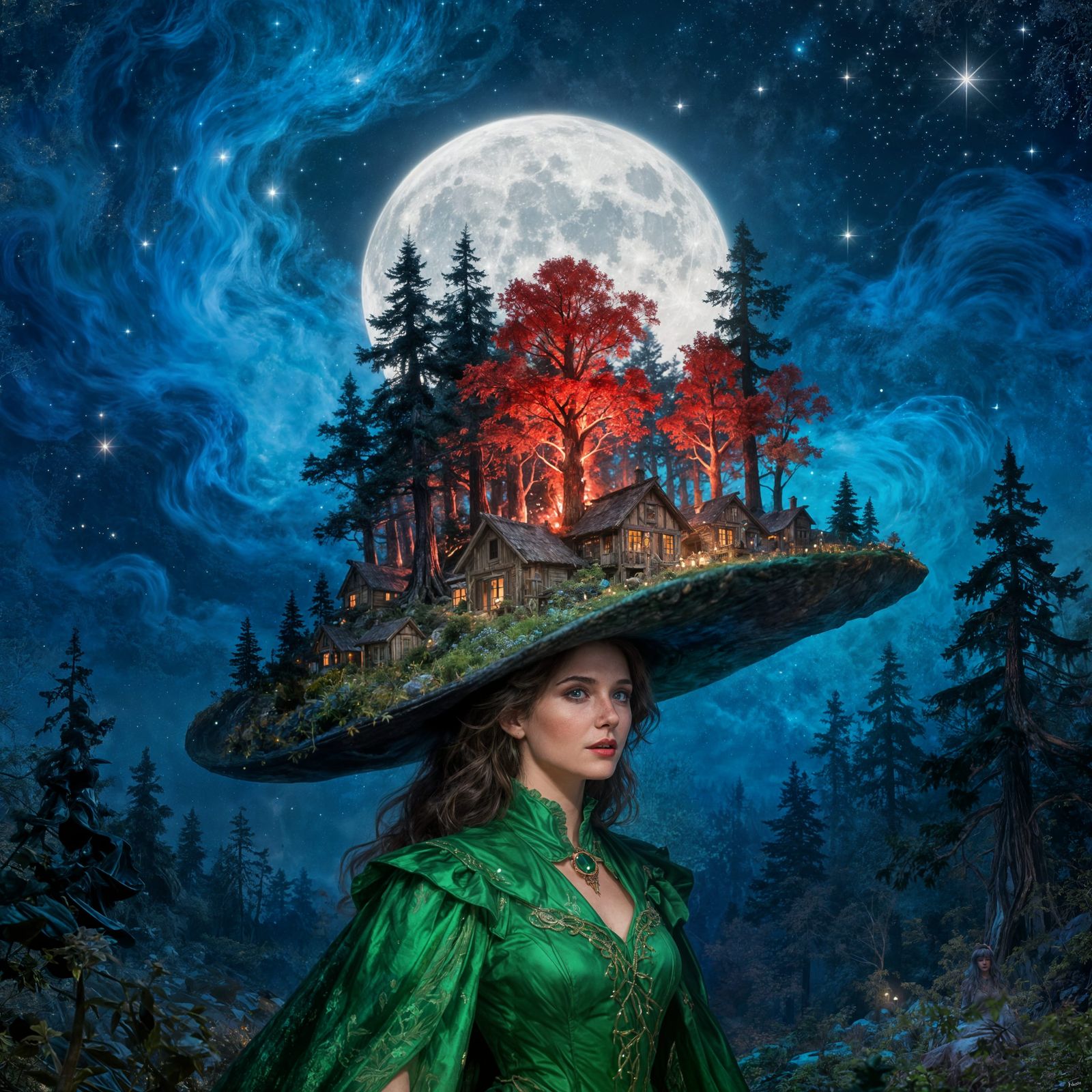 Enchanted Forest Hat Portrait Under Full Moon