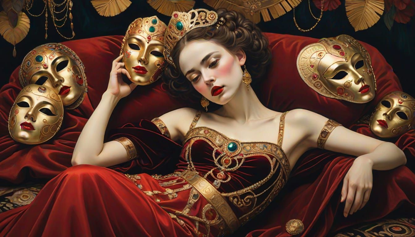 Luxurious Velvet Portrait of a Woman with Golden Masks