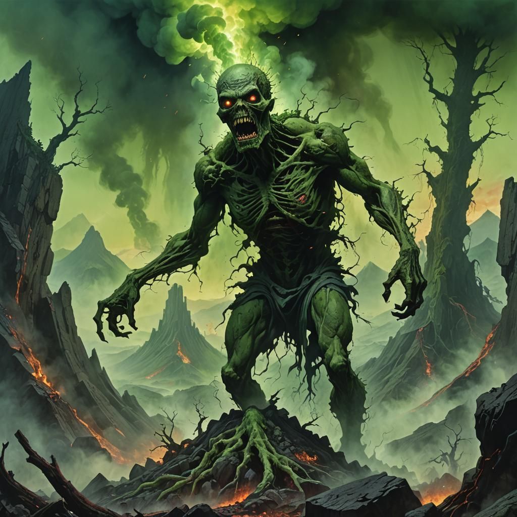 Zombie Dances on Volcano in Dark Surrealism