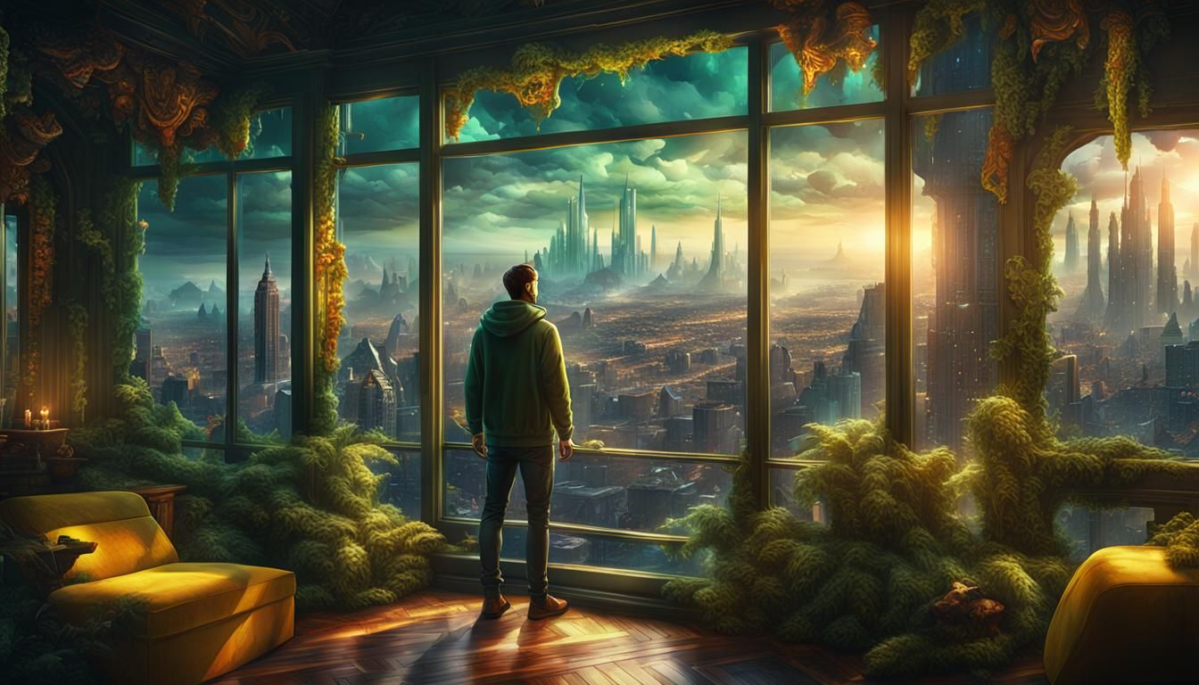 Man Gazing at Fantasy City from Penthouse