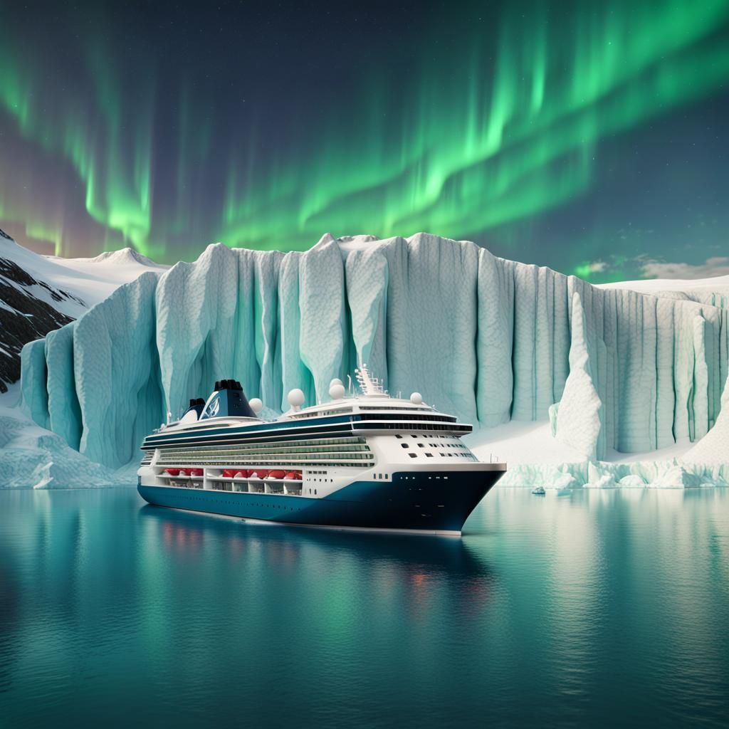 Cruise Ship and Glacier Under Aurora: Detailed Matte Paintin...