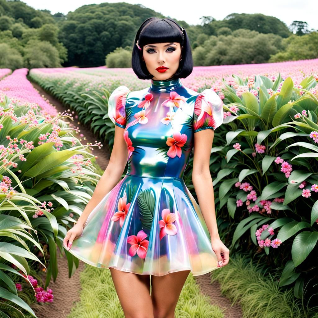 Woman in Floral Latex Dress in Strawberry Field