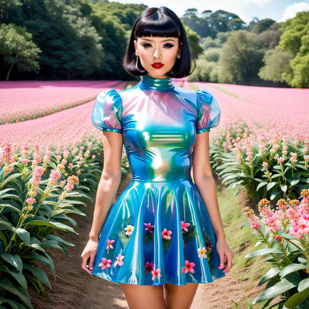 Woman in Floral Latex Dress in Strawberry Field