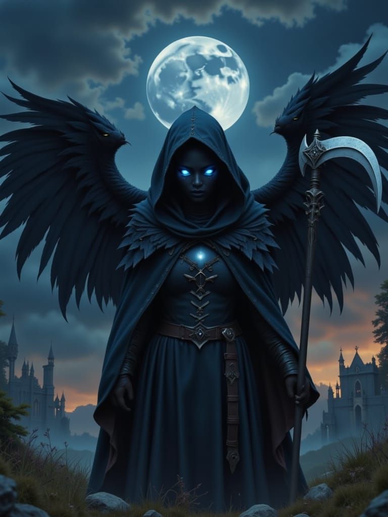 Medieval Death Goddess with Enormous Wings and Scythe in Dar...