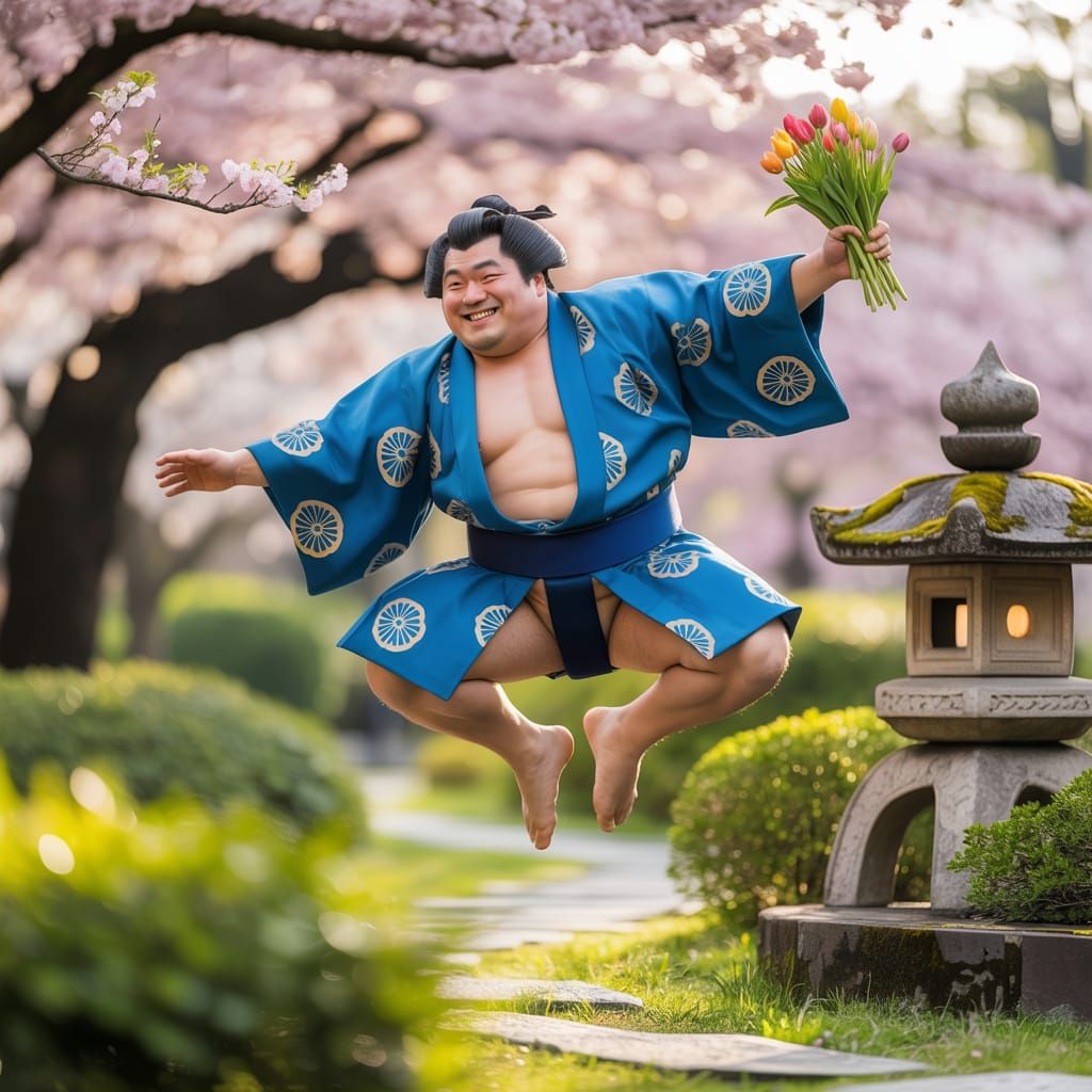 Cheerful Sumo Wrestler's Whimsical Garden Leap