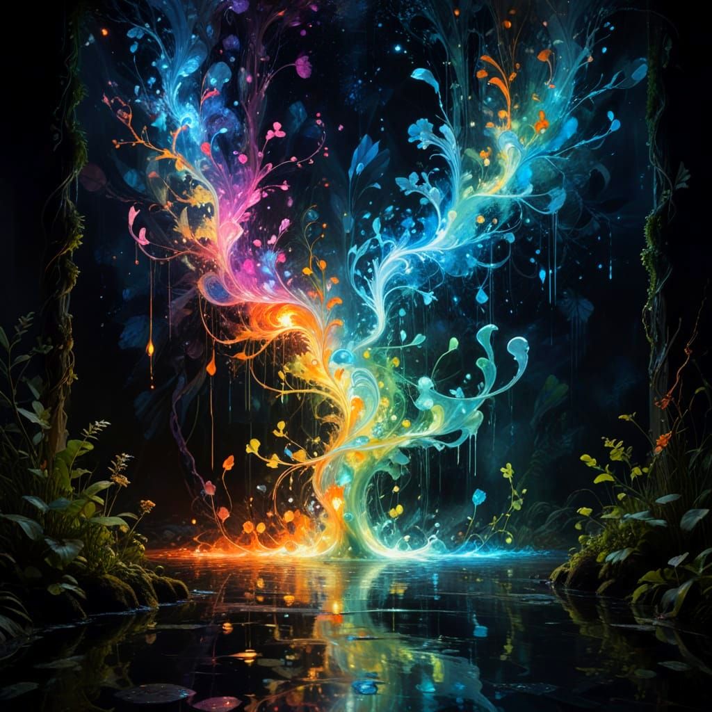 Vibrant Ethereal Fresco in Dark Ritual Space