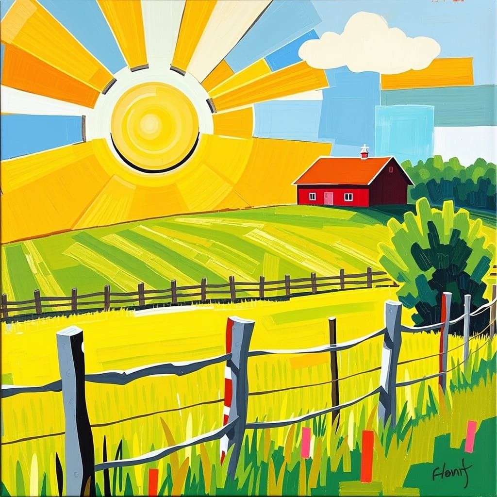 Vibrant Farm Landscape in Abstract Cubism Style