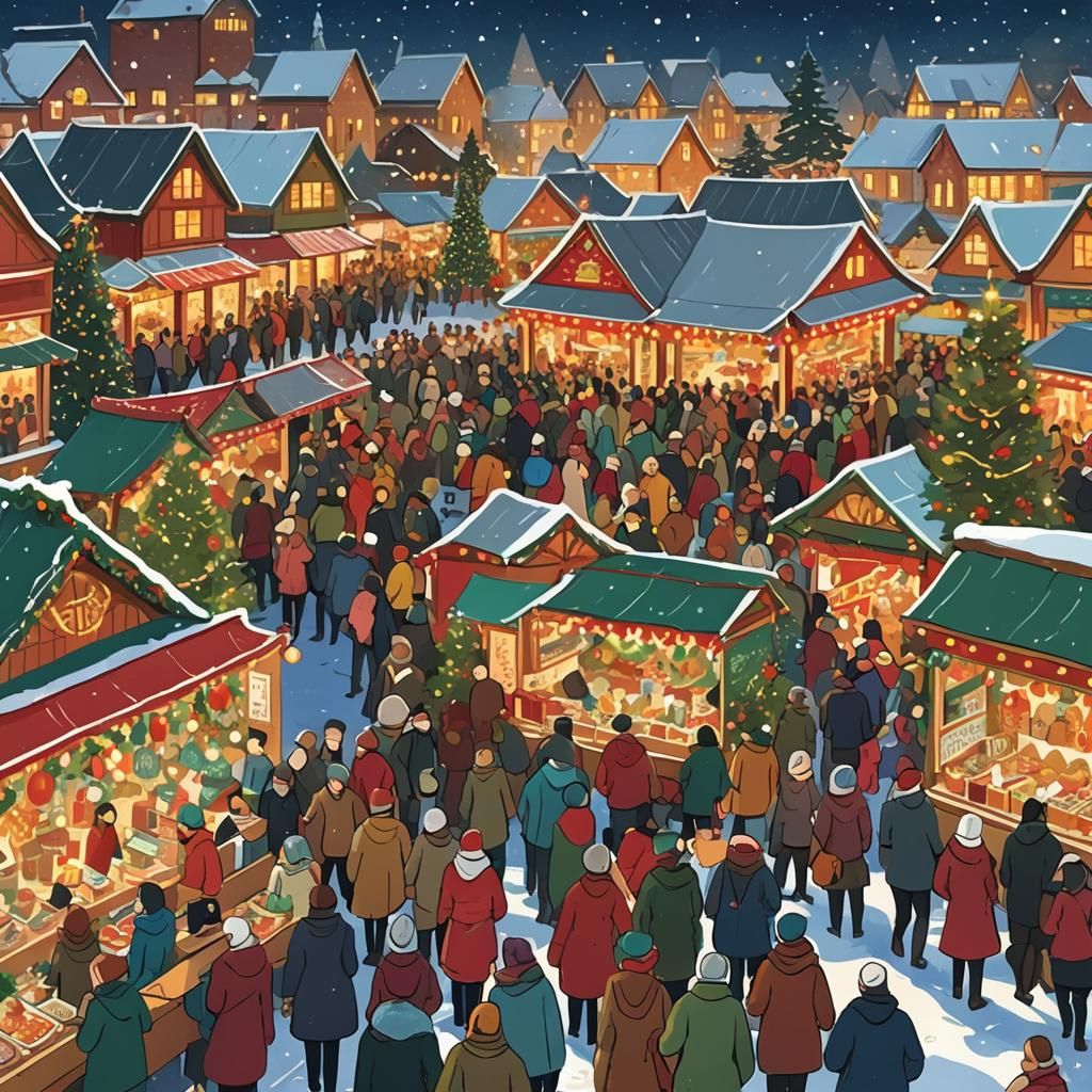 Vibrant Christmas Market with Cheerful Crowds, Digital Illus...