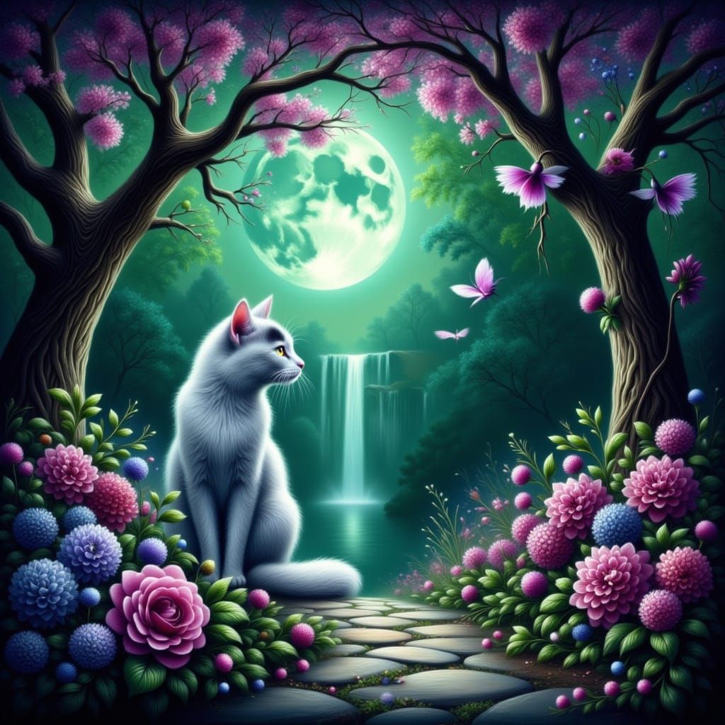 Gothic Lavender-Eyed Cat in Enchanted Forest Under Full Moon