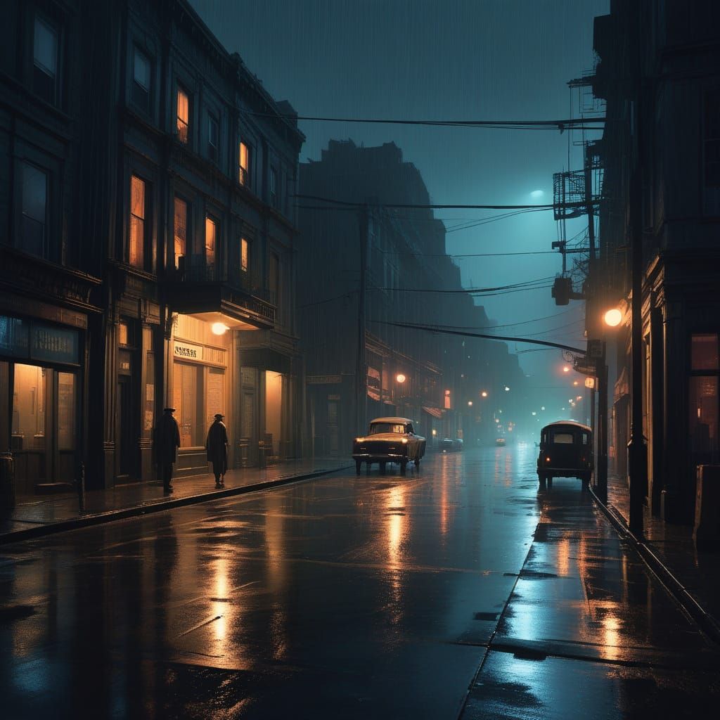 Hopper-esque City Street at Night in Warm Cinematic Light