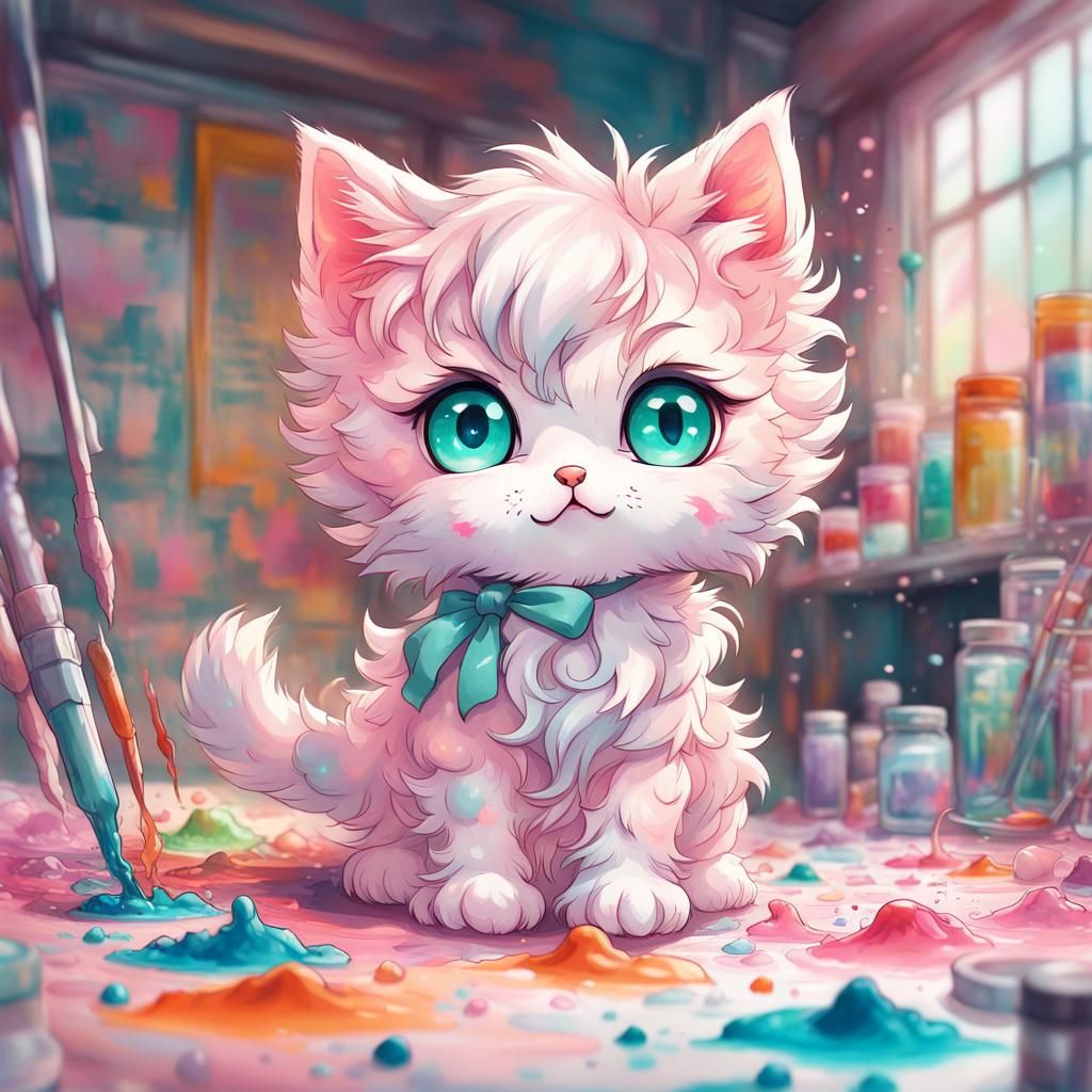 Playful Pink Kitten in Watercolor Paint Studio