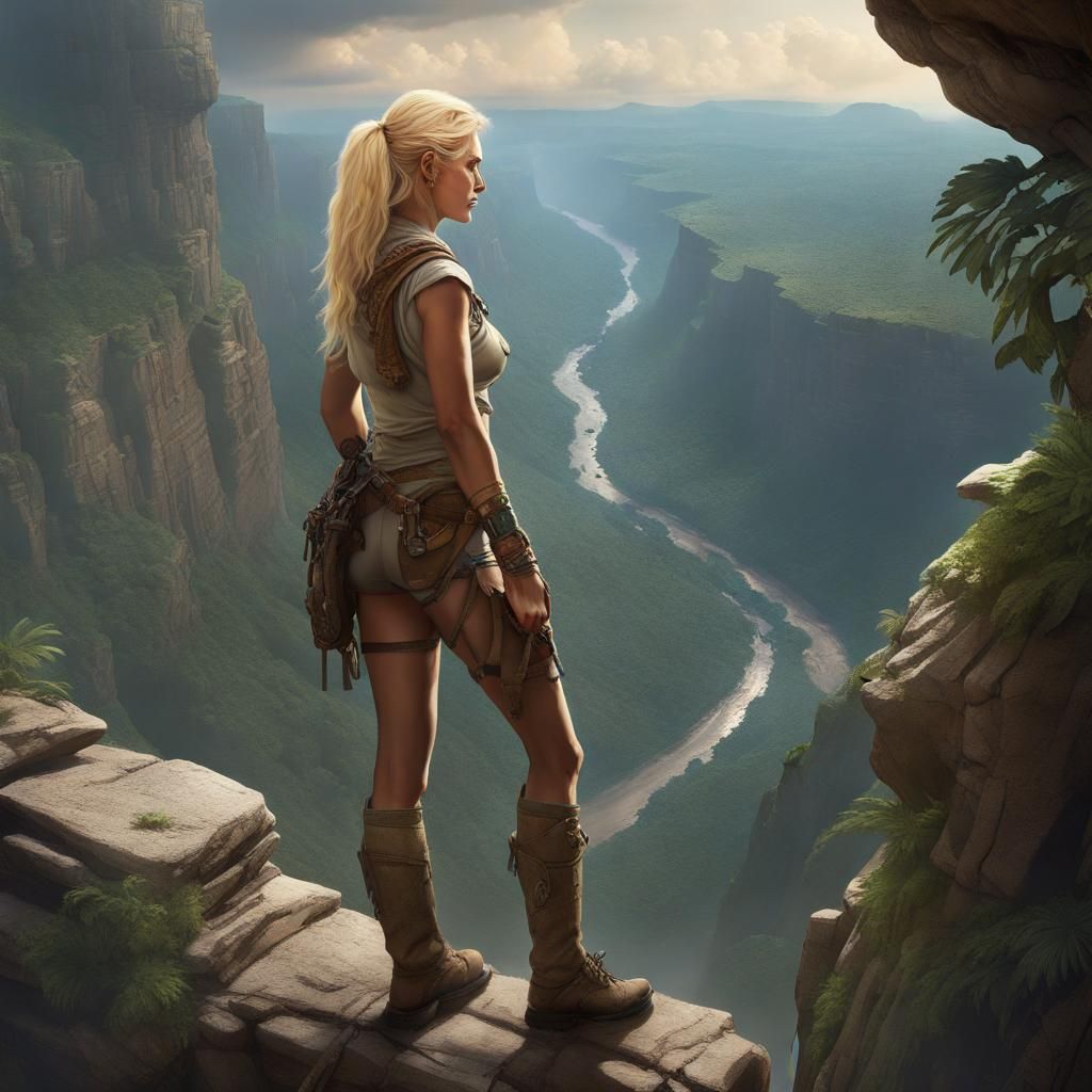 Fantasy Archeologist Overlooks Canyon Jungle, Dark Fantasy A...