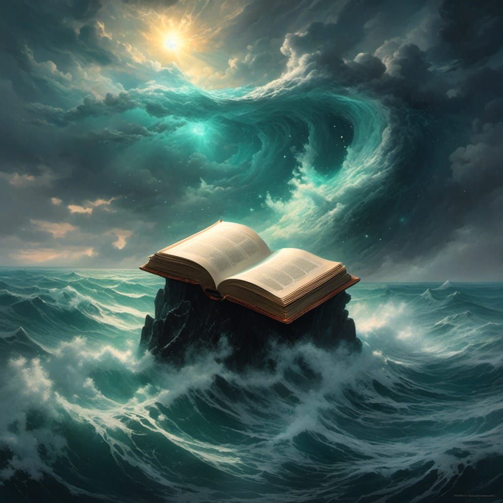 Ocean, Rock, and Book Lit by Divine Sunlight