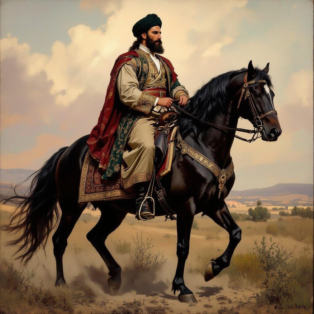 Ottoman Man Rides Magnificent Horse in Oil Painting Style