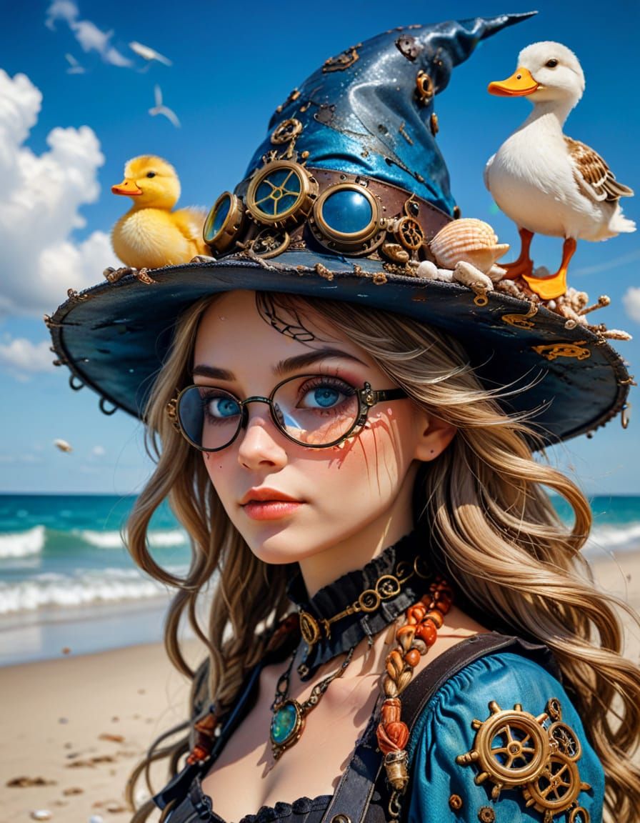Steampunk Witch on Beach with Duck, Oil on Canvas